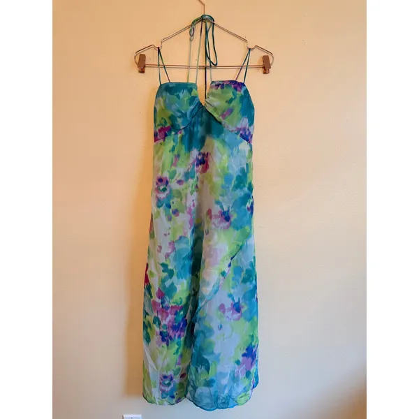 Morgan & Co Dress Womens 13 Blue Watercolor Floral Midi Keyhole Tie Back 40021 - Image 3