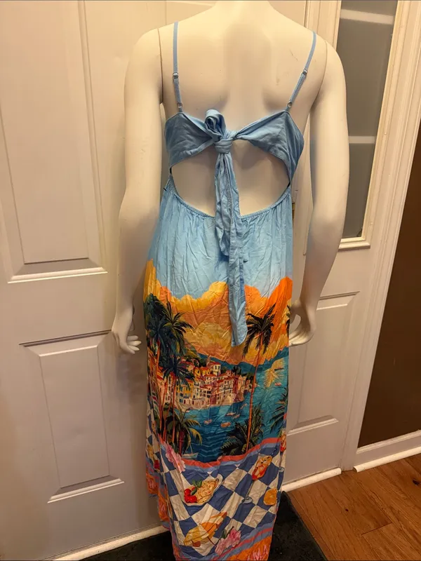 Paper Heart Light Blue Strappy Maxi Dress with Tropical Scenic Print - Image 2