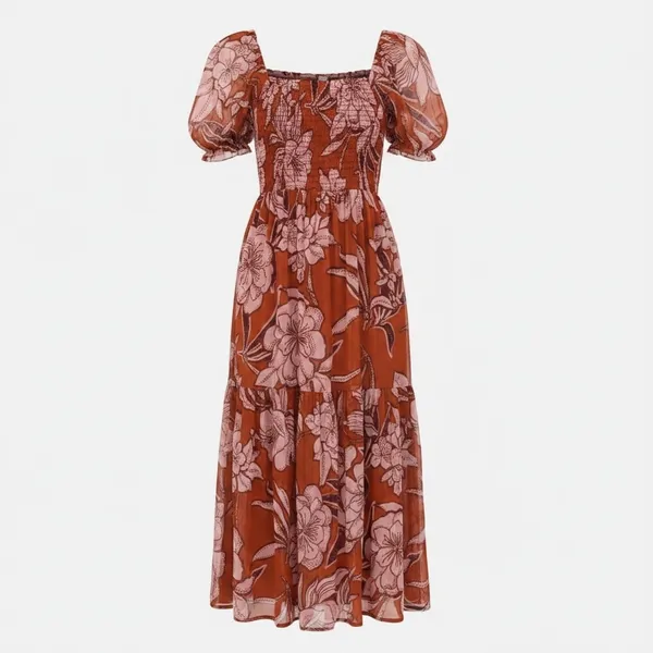 Patrons of‎ Peace Floral Midi Dress Medium Rust Pink Smocked Puff Sleeve Boho - Image 2