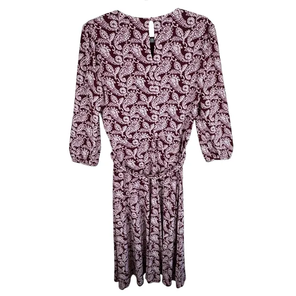 Lauren Ralph Lauren Burgundy White‎ Paisley 3/4 Sleeve Belted Midi Dress Size 8 - Image 2