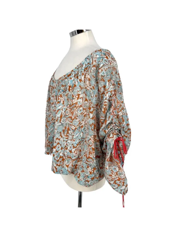 By Anthropologie Boho Peasant Floral Shirred Blouse Brown Blue Size Large - Image 5