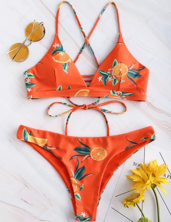 Zaful Orange Blossom Print Bikini Set - Image 2