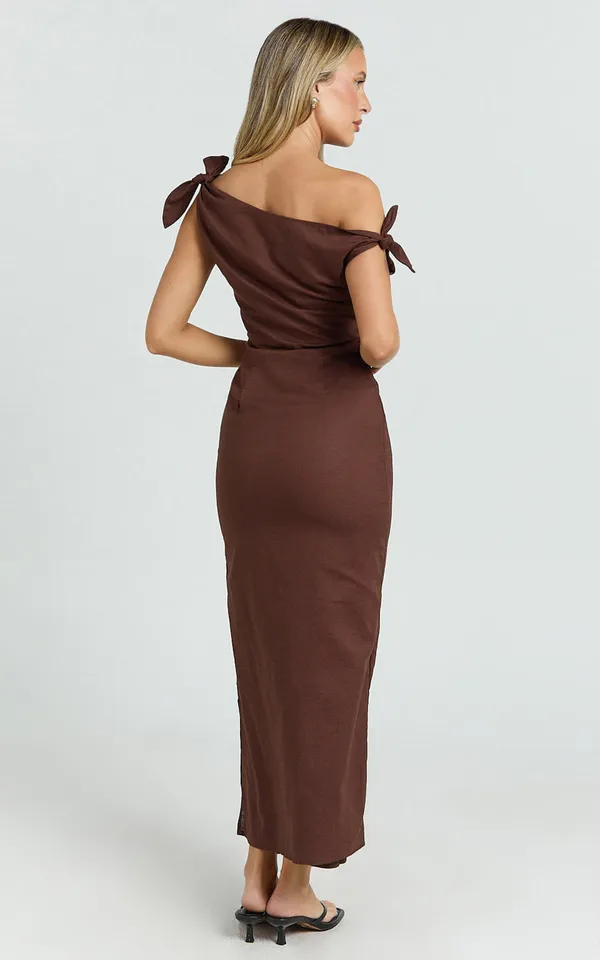 New Showpo Cincinnati Off The Shoulder Side Split Column Linen Dress Size 10 - Image 5