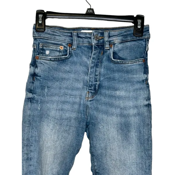 Zara Womens Jeans Mid-Rise Skinny Ankle Frayed Hem Stone Washed Denim‎ Blue 4 - Image 4