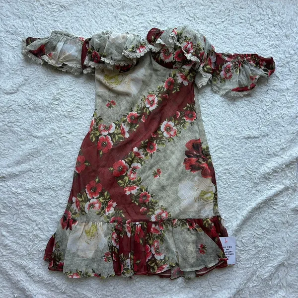 ASOS Red And Cream Off The Shoulder Floral Ruffle Trim Mini Dress US Size 4 - Image 2