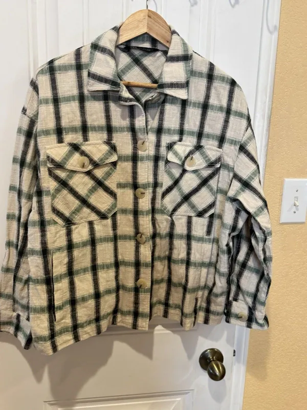 Zara oversized shacket jacket plaid beige black white S Button Up - Image 2
