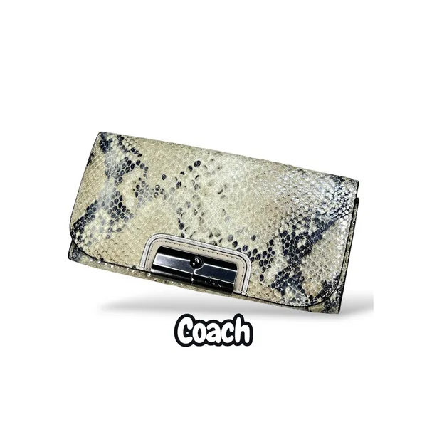 Coach Snakeskin Embossed Leather Long Wallet Turnlock Cream Grey Clutch - Image 3