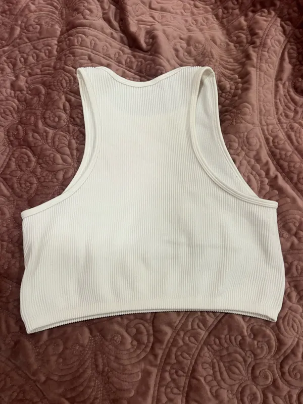 Women's White Ribbed Tank Crop Top - Classic Scoop Neck - Image 2