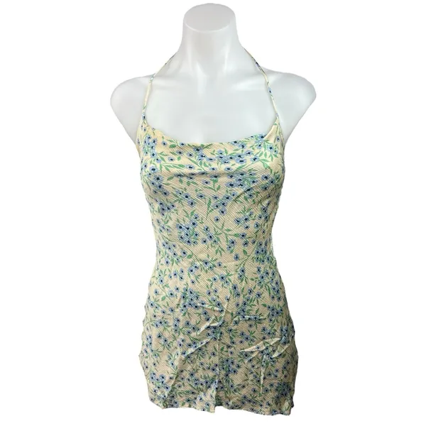 Zara Yellow Blue Floral Silk Satin Cowl Sleeveless Camisole Mini Dress Size XS - Image 4
