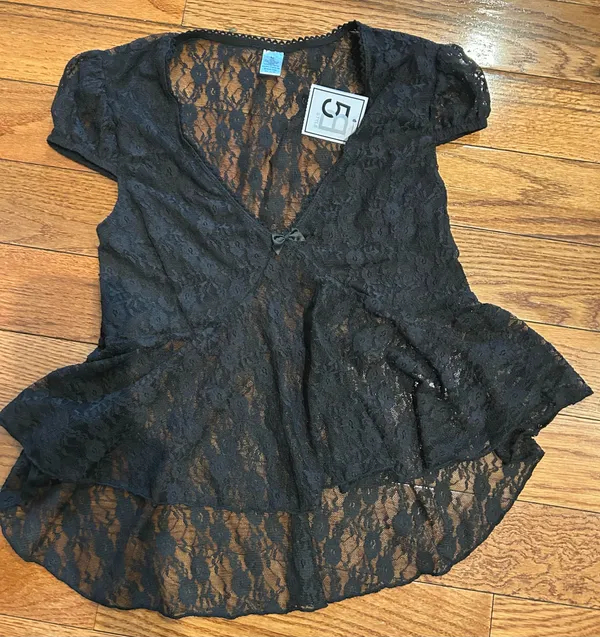 NWT Black Lace see through Cap Sleeve Babydoll high low Top size M - Image 20