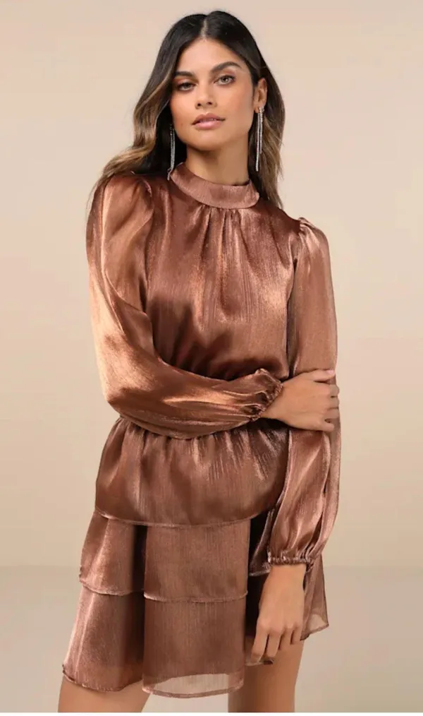 Lulus Ideal Behavior Bronze Metallic Backless Tiered Dress - Image 3