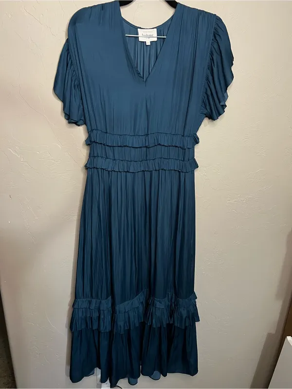 Bohme Willa Teal Tiered Ruffle Midi Dress Romantic Boho - Image 2