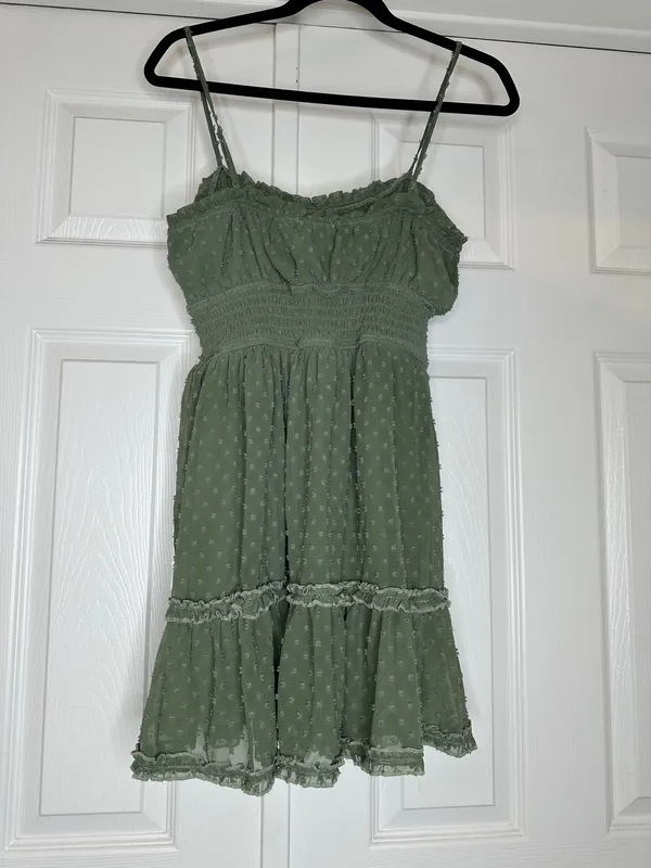 Trixxi Sage Green Swiss Dot Smocked Mini Dress Size Small Boho Cottagecore - Image 5