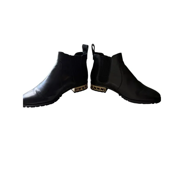 Karl Lagerfeld Paris Black Leather Chelsea Booties Gold Chain Lug Sole 7.5 - Image 6