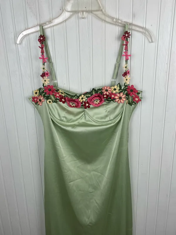 Y2K Fairycore Green Satin Slip Maxi Dress Size Medium Flower Strap Bodycon - Image 11