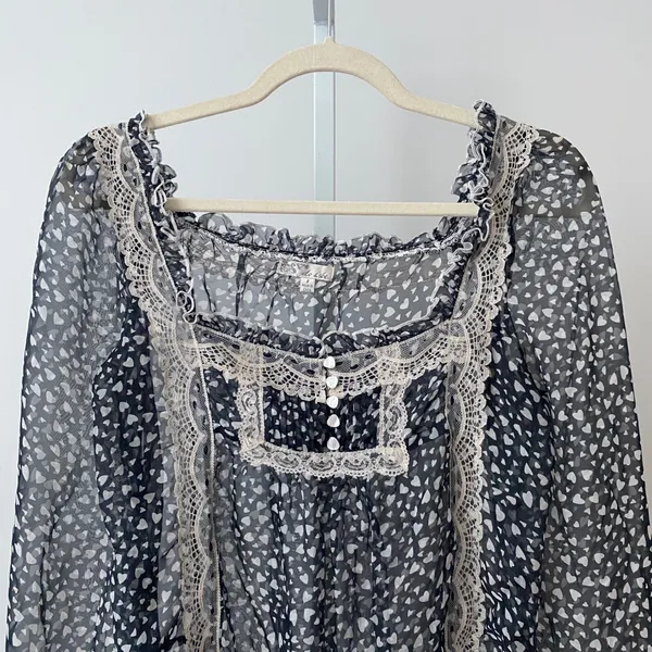 Do & Be Heart Print Lace Trim Babydoll Coquette Fairy Sheer Blouse S Navy - Image 2