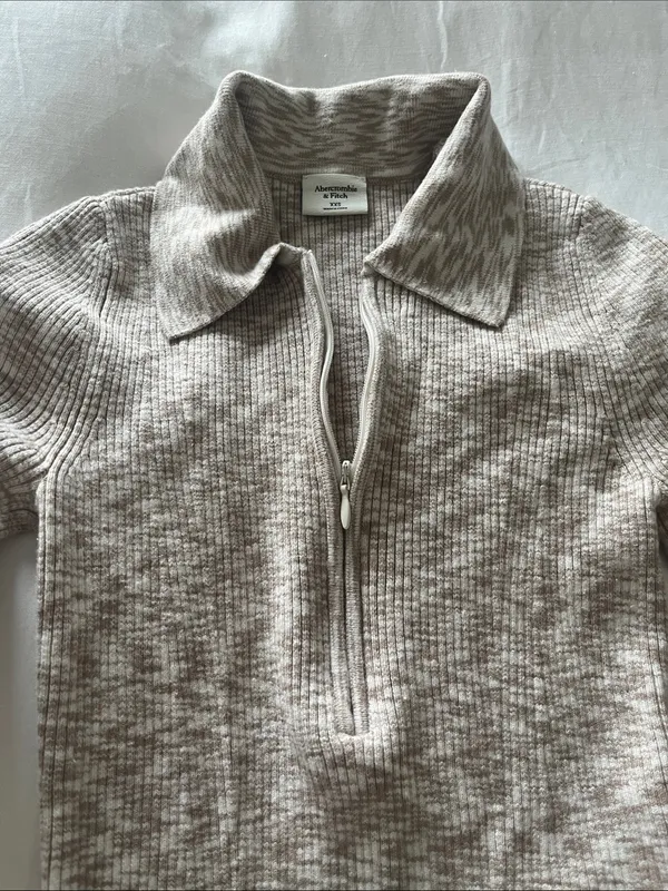 Abercrombie & Fitch | Marled Ribbed Half Zip Collar Sweater Top Beige Cream XXS - Image 4