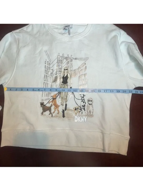 DKNY Dogs & The City Novelty Graphic cotton fleece sweatshirt Grunge White Sz L - Image 7