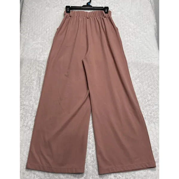 Womens High Waisted Wide Leg Waffle Pants Pockets Rose Tan XS Petite Work Office - Image 2