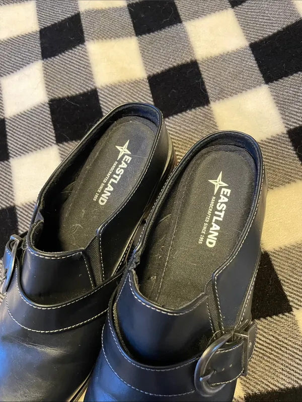 Eastland Black Leather Slip-On Mules with Buckle Detail - Image 2
