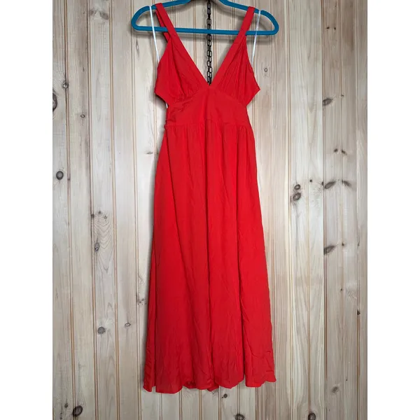 NWT Lulus Bold New Look Bright Red Tie-Back Midi Dress With Pockets Party Sz XS - Image 2