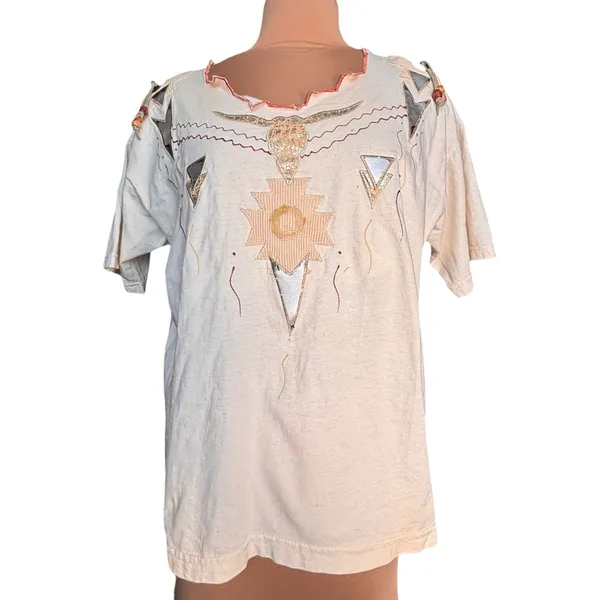 Vintage Cream Western Graphic Tee XL‎ USA Made Desert Boho Shirt Beaded Festival - Image 2