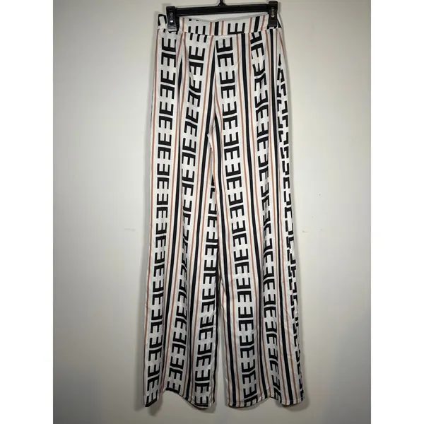 fab'rik Wide Leg Pants White Black Brown Geometric Stripe Designer Chic Small - Image 5