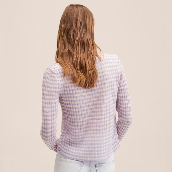 Mango NWT KNITTED CROPPED CARDIGAN STRIPED PURPLE WHITE LIGHTWEIGHT TIE DETAIL - Image 3