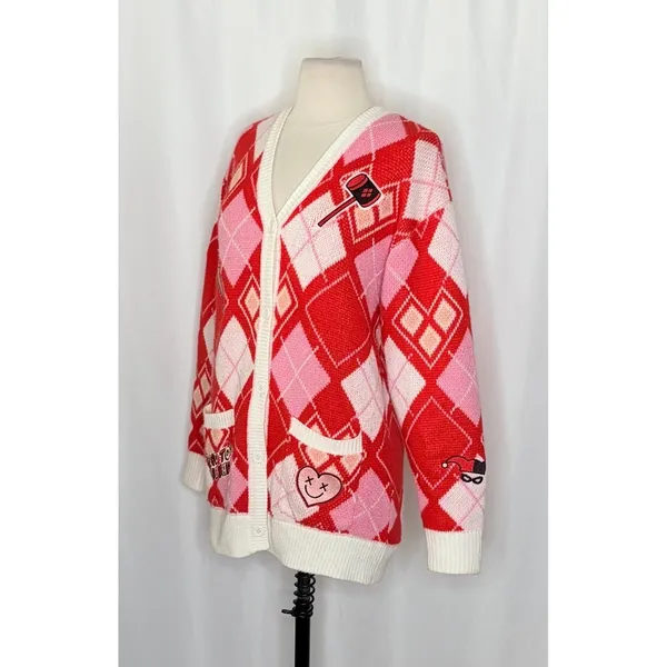 HARLEY QUINN Argyle Cardigan Sweater DC Comics Harlequin Batman Joker Small - Image 5