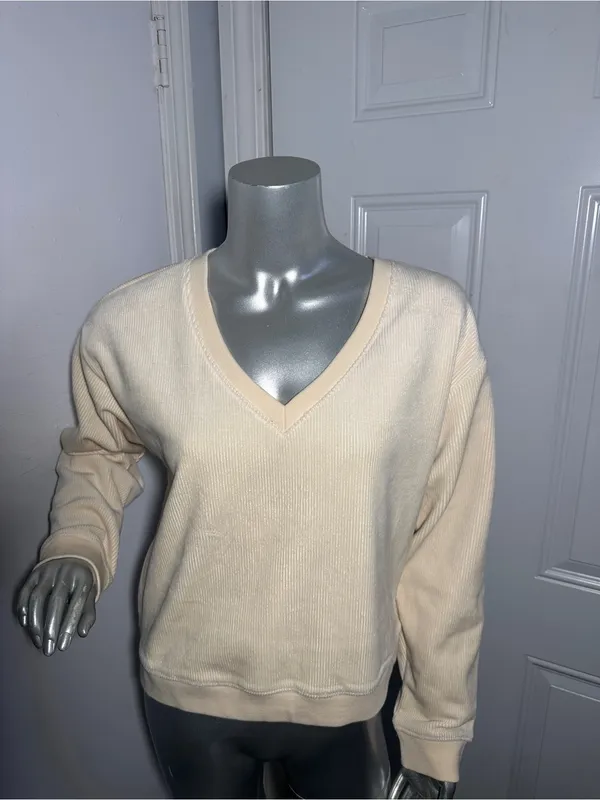 Marine Layer New Women's Top Small Rib Velour Corduroy V Neck Sweatshirt Cream - Image 5