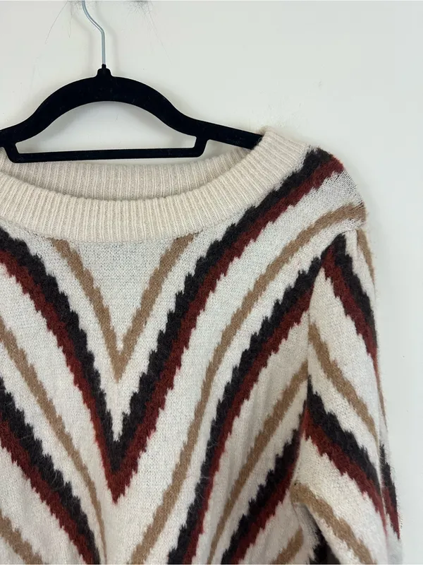 Evereve Cozy Chevron Striped Crewneck Sweater Cream with Brown & Burgundy Medium - Image 2