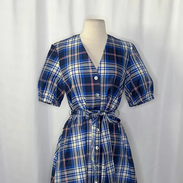 ZARA‎ Blue Plaid Taffeta Dress Belted Tie Waist Midi Buttondown Preppy Small - Image 3