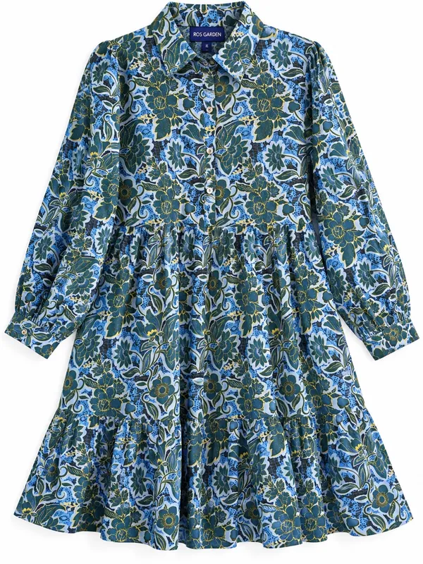 Ro's Garden Shirt Dress Womens Medium Blue Floral Tiered Mini Cotton - Image 2