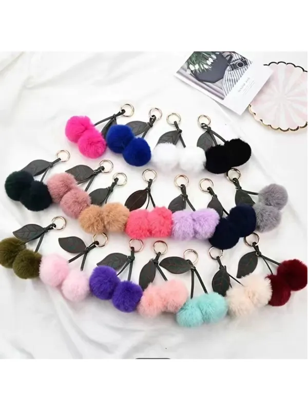 NEW Cherry Pom Pom Bag Charm Keychain Black Faux Fur NWT - Image 4