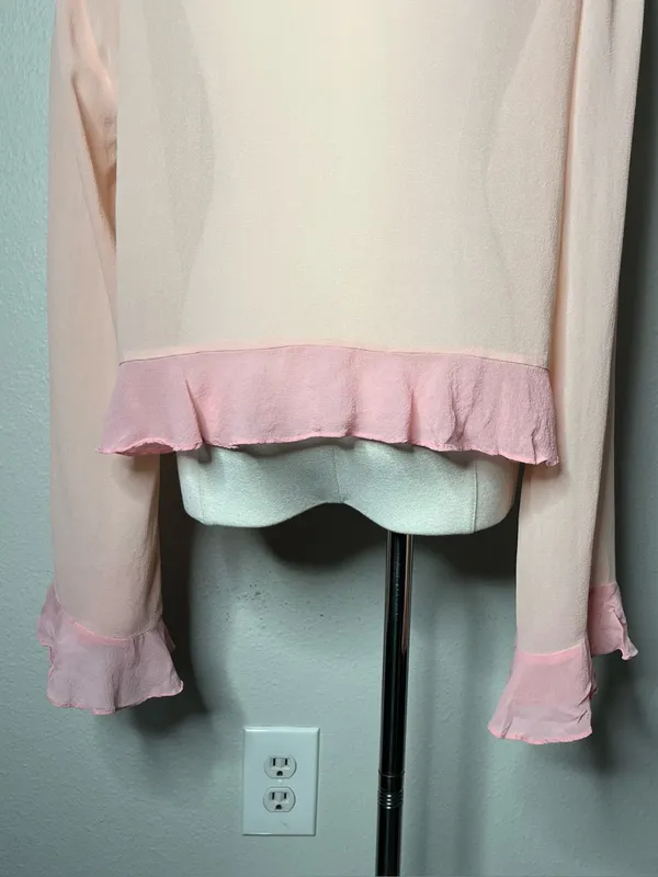 Y2K Vintage Victorias Secret Pink 100% Silk Ruffle Trim Tie Front Cardigan Top - Image 6