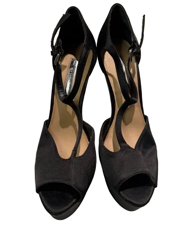 H by Halston Black Satin Peep-Toe Platform Heels Ankle Straps with rhinestones - Image 2