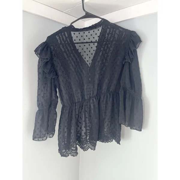 Zara‎ Black Swiss Dot Ruffled Scalopped bottom Sheer Blouse Women's Small - Image 5