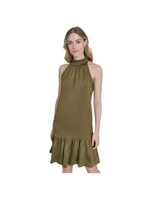 NWT Vince Camuto Satin Ruffled A-Line Halter Dress VC5M6576 Olive Green 6 - Image 4