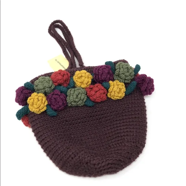 ANTHROPOLOGIE brown crochet wool bag with crochet flowers, NWT - Image 8