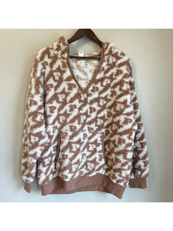 PINK Victoria's Secret Brown White Sherpa Fleece Pullover Hoodie V-Neck Large - Image 2
