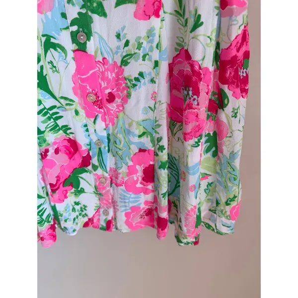 Lilly Pulitzer Shirt Dress Womens 10 Pink Green Floral Puff Sleeve Button Front - Image 4