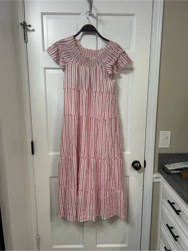 Free People Pink and White Striped Tiered Maxi Dress - Image 2