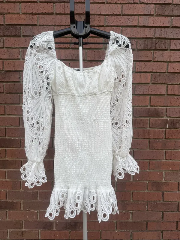 Pretty Little Thing White Lace Sleeve Shirred Bodycon Mini Dress Size 6 New NWT - Image 2