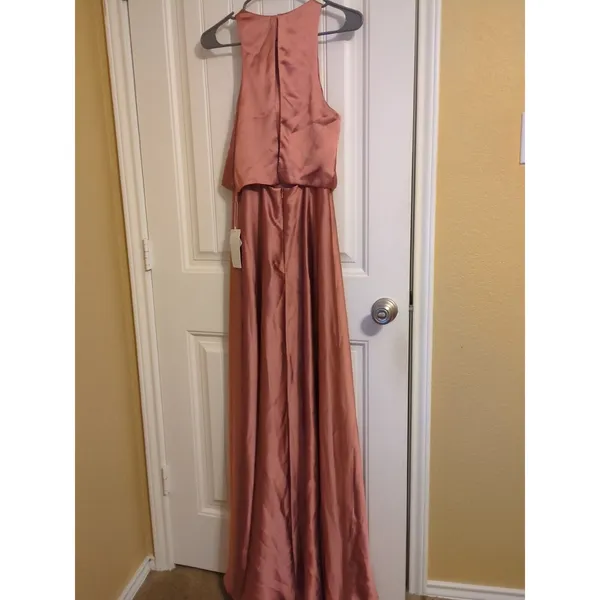 Revelry Wren Satin Fitted High Neck A-line Bridesmaid Dress 6 Desert Rose - Image 6