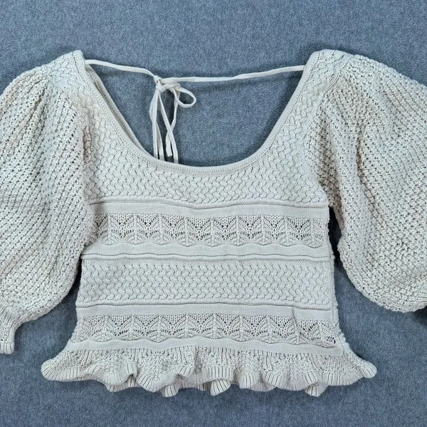 Lucy Paris Knit Puff Sleeve Blouse Women's XS Beige Ruffle Hem Tie Back Boho - Image 9