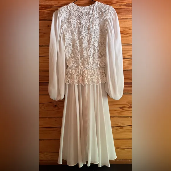 Vintage Felix Arbeo White Chiffon Lace Dress Romantic Long Sleeve 70s Small - Image 10