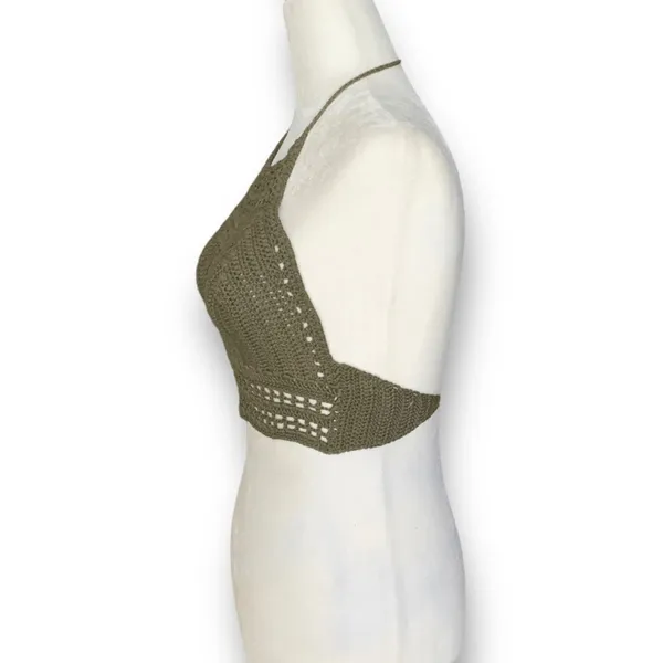 Charlotte Russe Crochet Knit Halter Olive Green Open Back Festival Crop Top‎ Small Forrest Fairy - Image 5