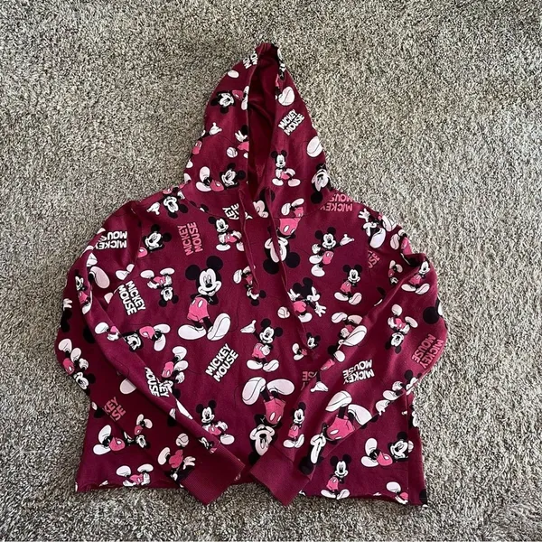 Disney Mickey Mouse Women’s Hoodie Cropped Burgundy Medium M Cotton Blend Casual - Image 2