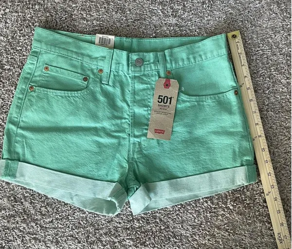 NWT Levi's 501 Shorts Mid Rise Mint Green Button Fly High Rise size 30 Denim - Image 4