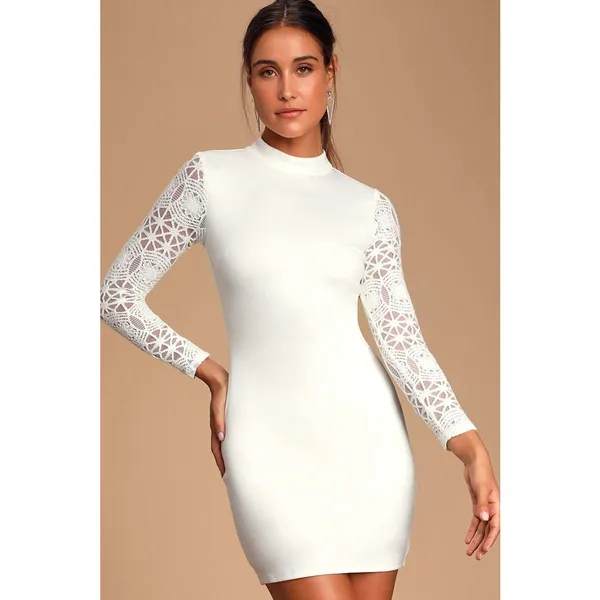 NWT Lulus Lace Up Your Sleeve White Lace Long Sleeve Bodycon Dress Cocktail XS - Image 3